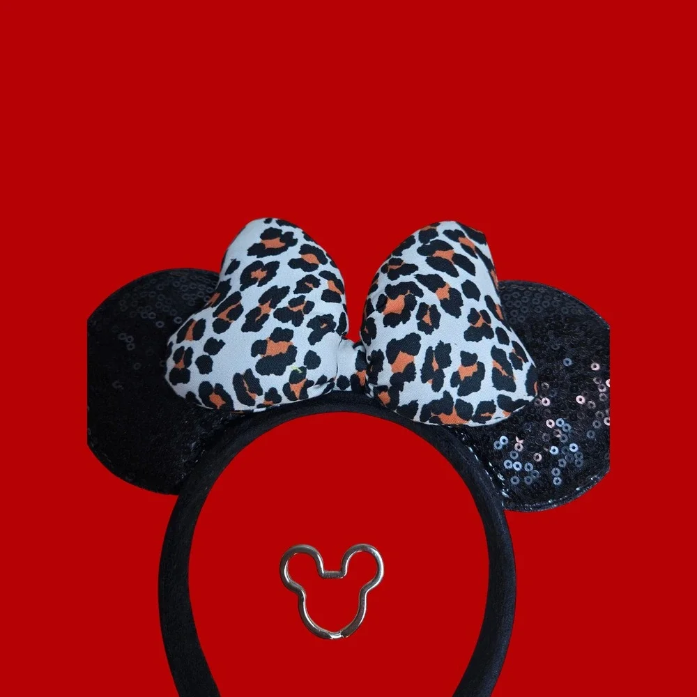 Minnie Mouse Sequin Ears Headband Leopard Print Bow Black Animal Safari